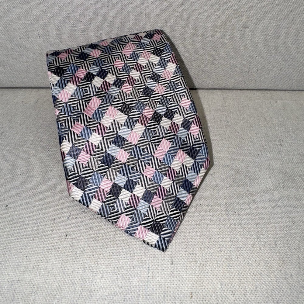 Peacock Silk Necktie Mens OS Pink Blue Geometric Square Handmade Professional